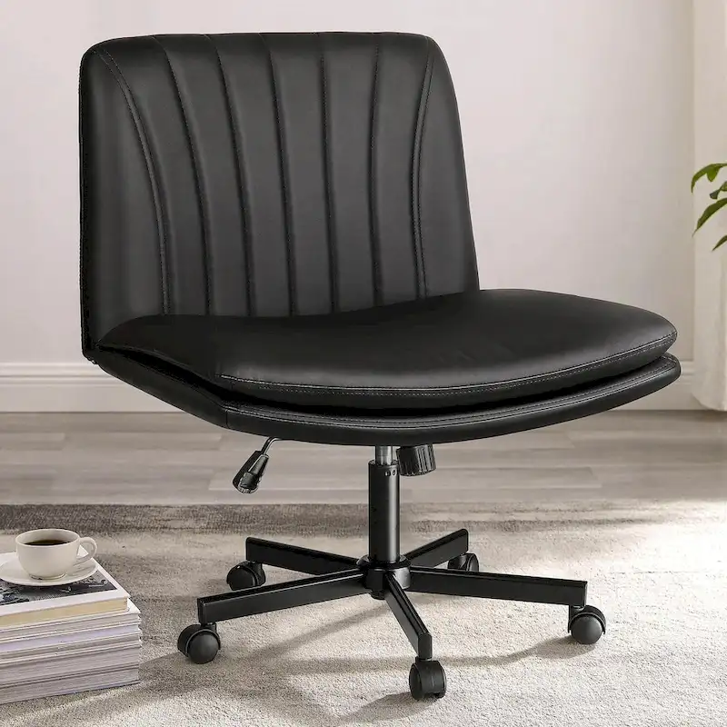 Bossin Criss Cross Chair with Wheels,PU Leather Armless Cross Legged Office chair, Adjustable Wide Seat Task Vanity Chair