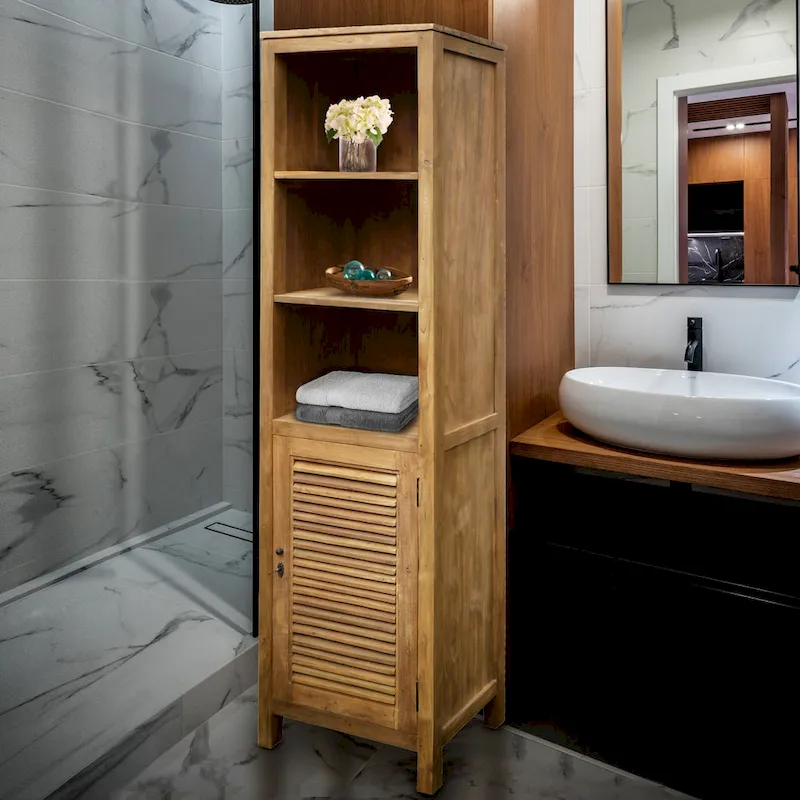 Recycled Teak Wood Lumbrera Vertical Bathroom Linen Cabinet with 1 Door & 3 Shelves