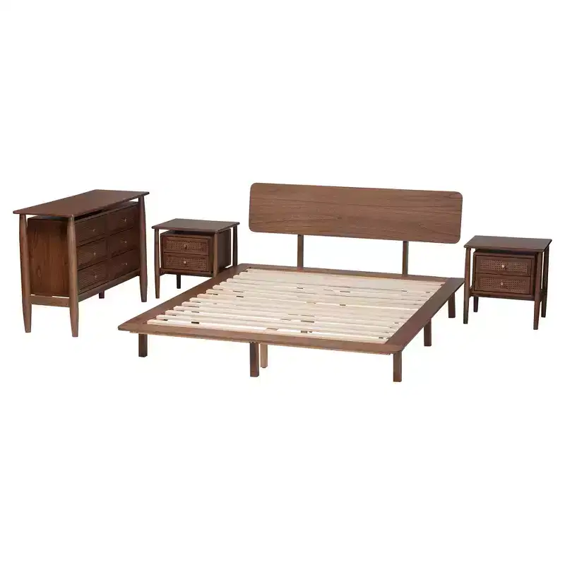 Baxton Studio Alyssa Japandi Walnut Brown Wood 4-Piece Bedroom Set