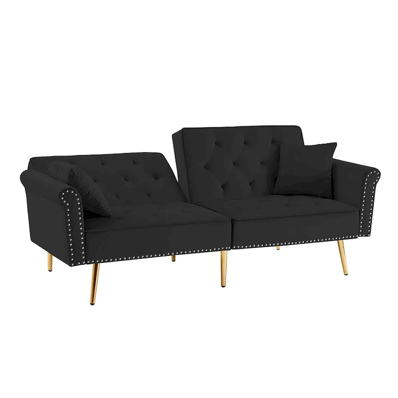 Velvet Tufted Sofa Couch with 2 Pillows and Nailhead Trim