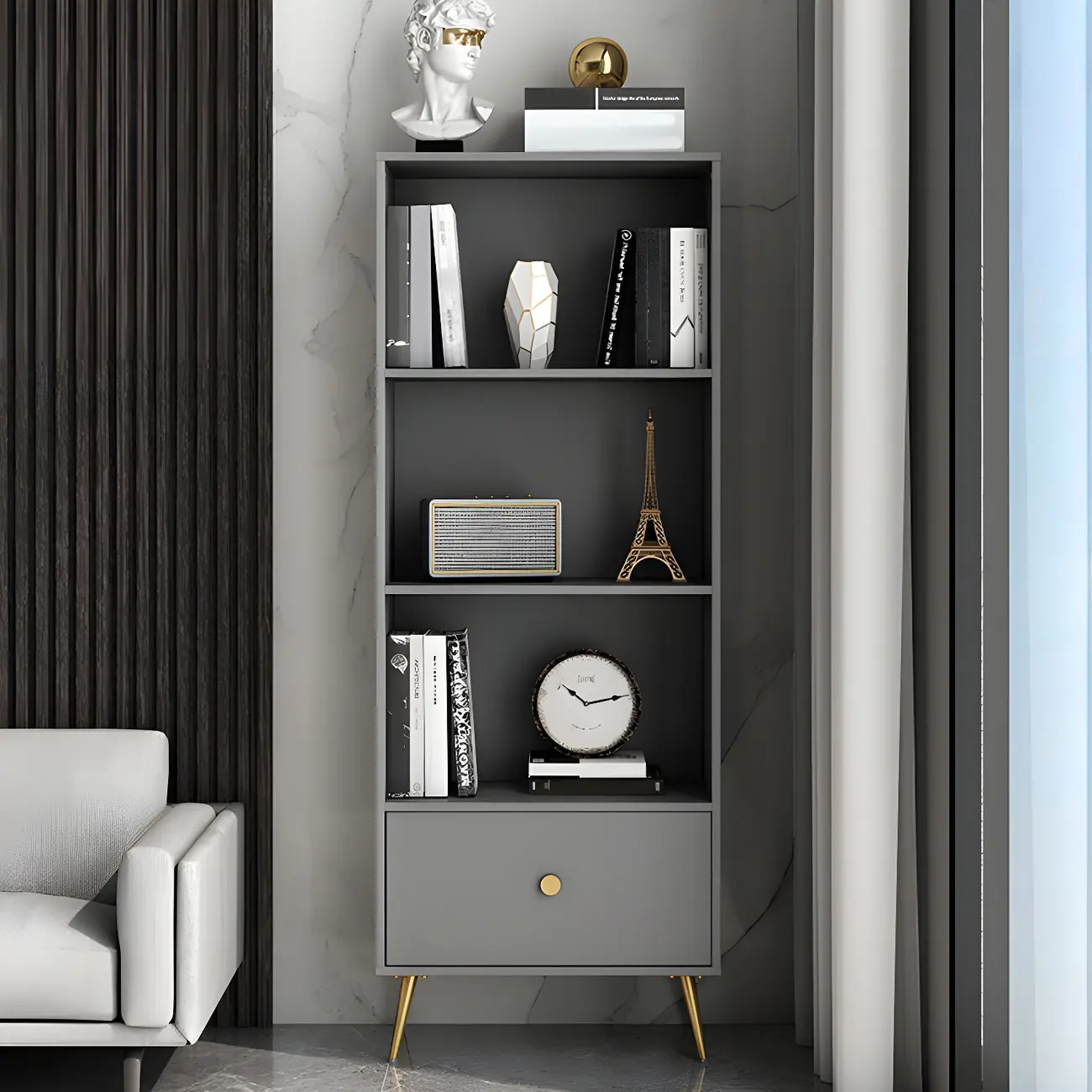 White Metal 2/3/4-Tier Open Bookcase with Drawer