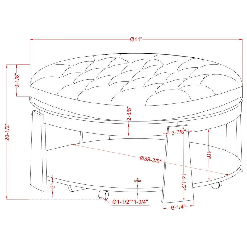 Geoffrey Transitional Round Natural Wood Open-Shelf Tufted Ottoman with Wheels by Furniture of America