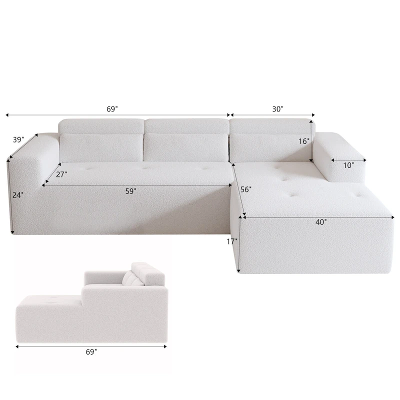 Christopher Knight Home - 109 Modern Modular Sectional Sofa, Teddy Fabric L-Shaped Couch with Chaise & Pillows