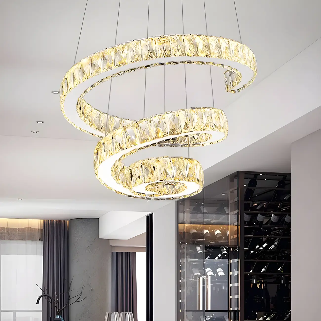 Large Modern Spiral LED Ceiling Crystal Chandelier Tiered Light