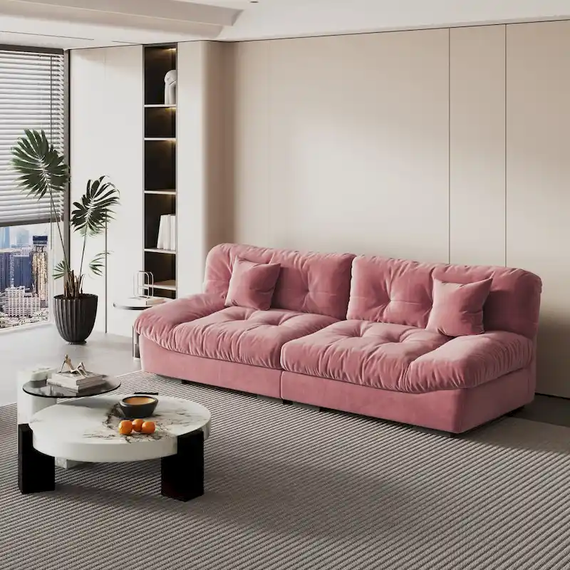 Velvet Loveseat Sofa - 2 Seater - Beige/Grey/Pink