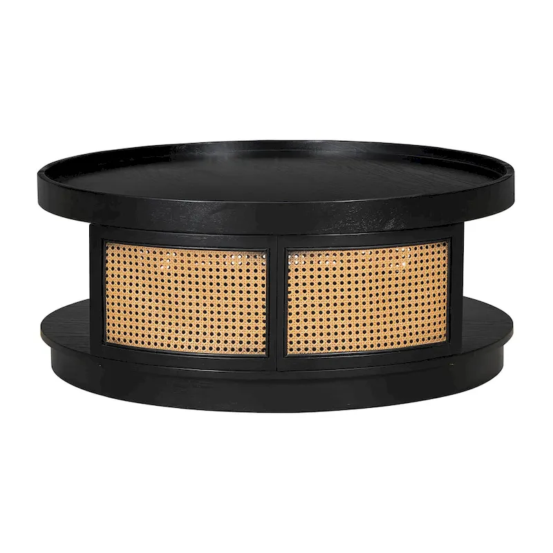 36.8 Wooden Mid-Century Modern Coffee Table, Round Cane Coffee Table with PE Rattan Side
