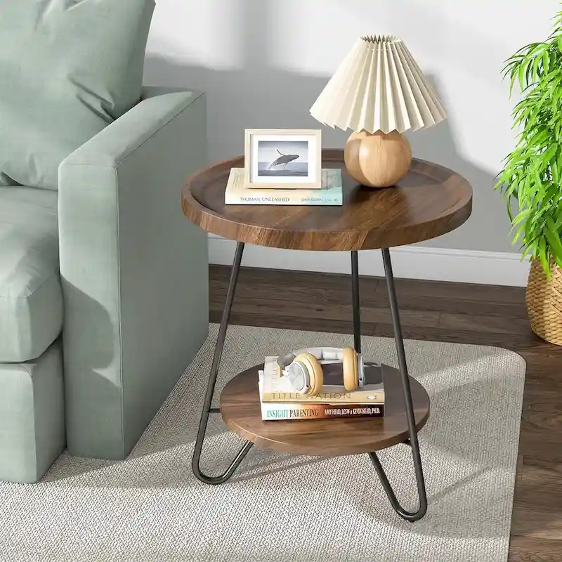 2-Tier Round Side Table, Wooden End Table with Metal Legs