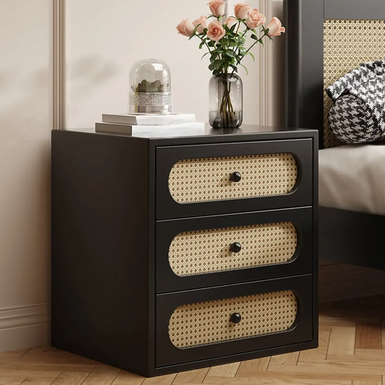 Functional White Wood Ratten 3-Drawer Narrow Nightstand