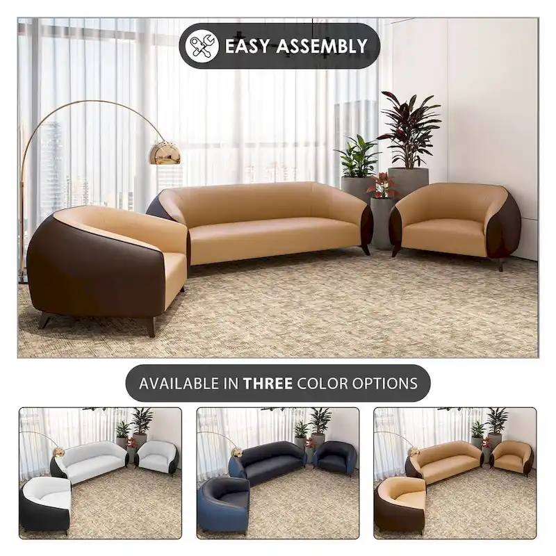 3-Piece Modern Sofa Set with Vegan Leather, Solid Wood Frame, Steel Legs, Foam Cushions for Living Room