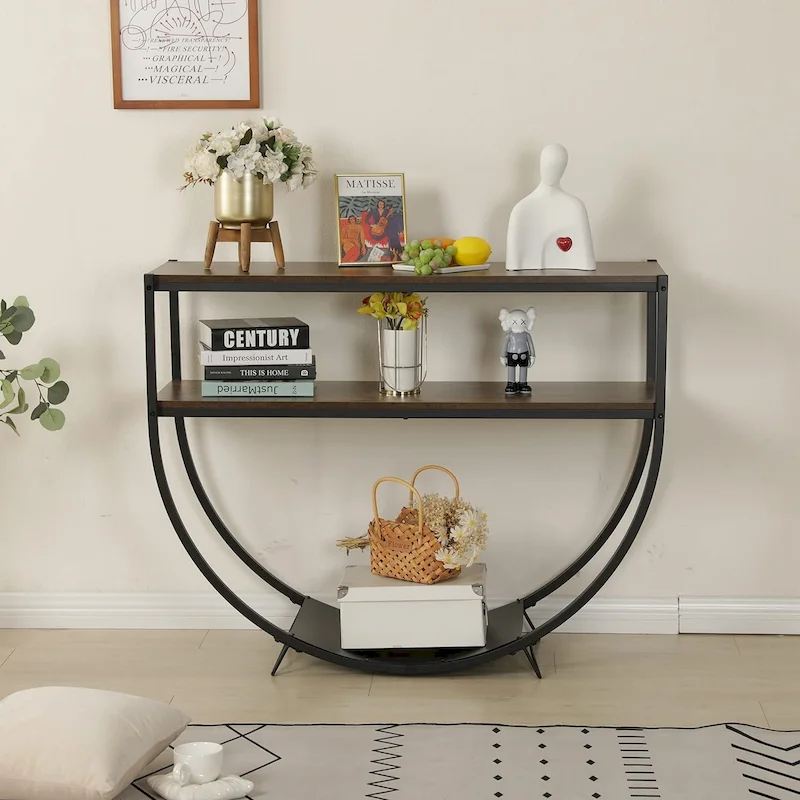 EROMMY 48 3-Tier Console Table Modern Sofa Table with Storage Shelves Arc-Shaped Table - 48
