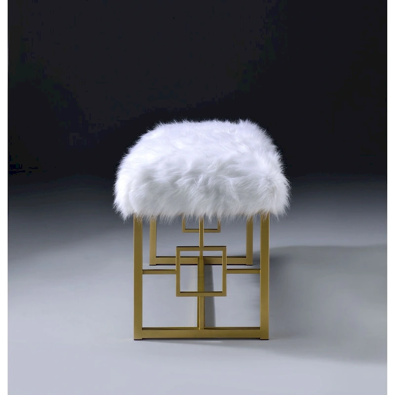 Modern Style Faux Fur Upholstered Bench with Geometrical Side Panels, White and Gold - 21 H x 17.5 W x 37.5 L Inches
