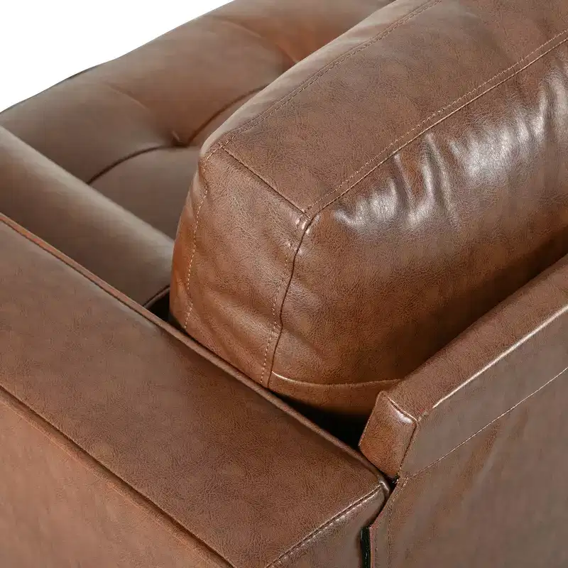 Whisen PU Leather 3-Seat Sofa, Mid-Century Modern Sofa Couch with Tufted Design, Solid Wood Legs, 2 Bolster Pillows