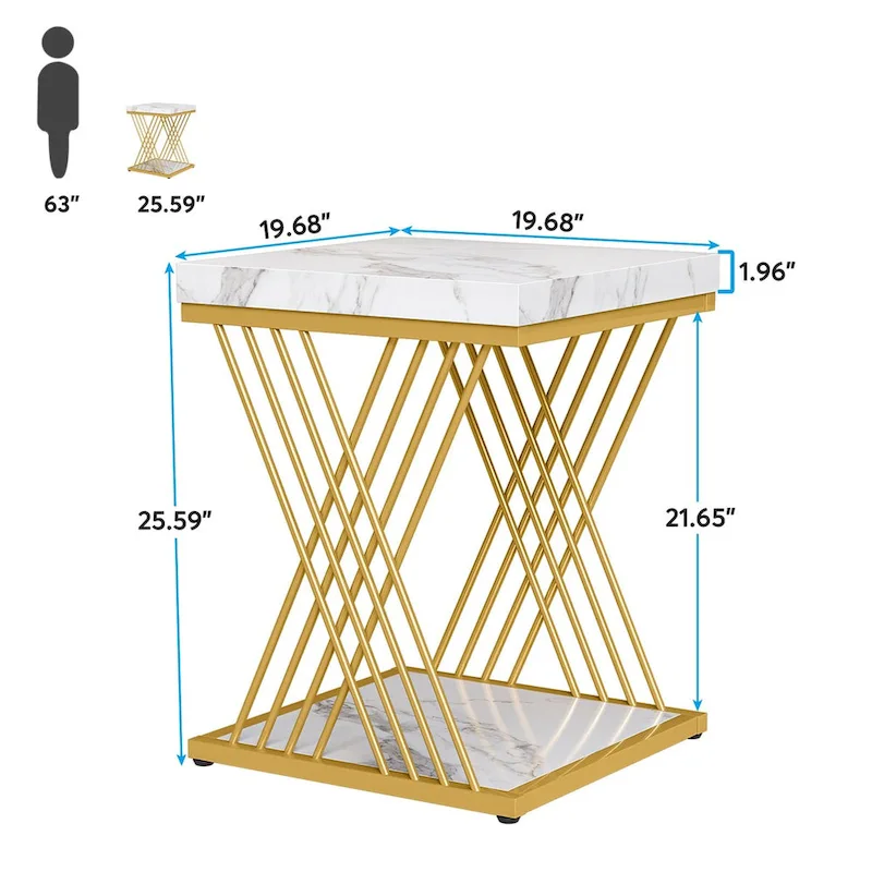 19.75 Inch Faux Marble Square End Table, Modern Bedside Tables, Gold Accent Table Living Room