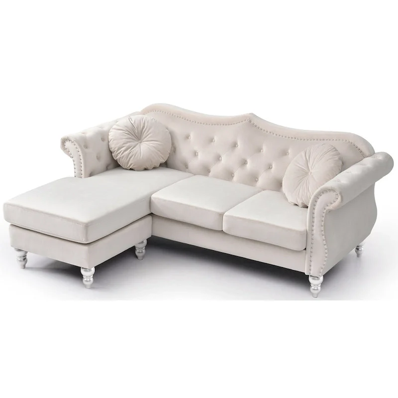 81 in. Velvet Chesterfield Sectional Sofa with 2-Throw Pillow - 81L x 35W x 34H