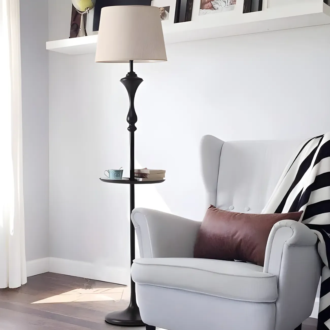 Traditional Drum Fabric Shade Standing Floor Lamp with Table