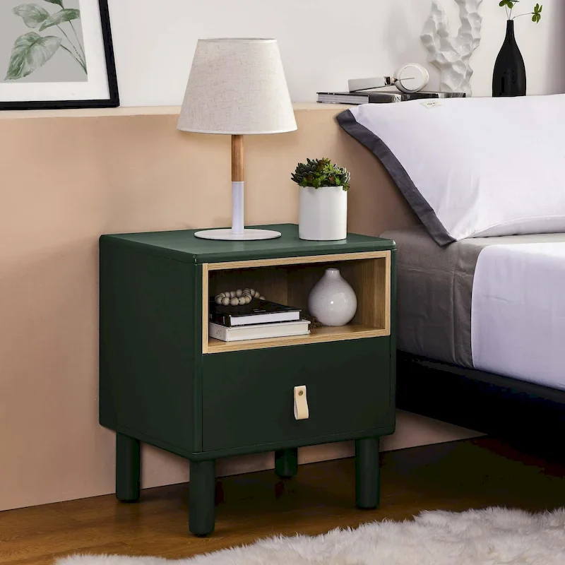 Nightstand - MDF & Solid Wood, 1 Drawer, Open Shelf, Leather Handles, 18.9W x 21.65H, Modern