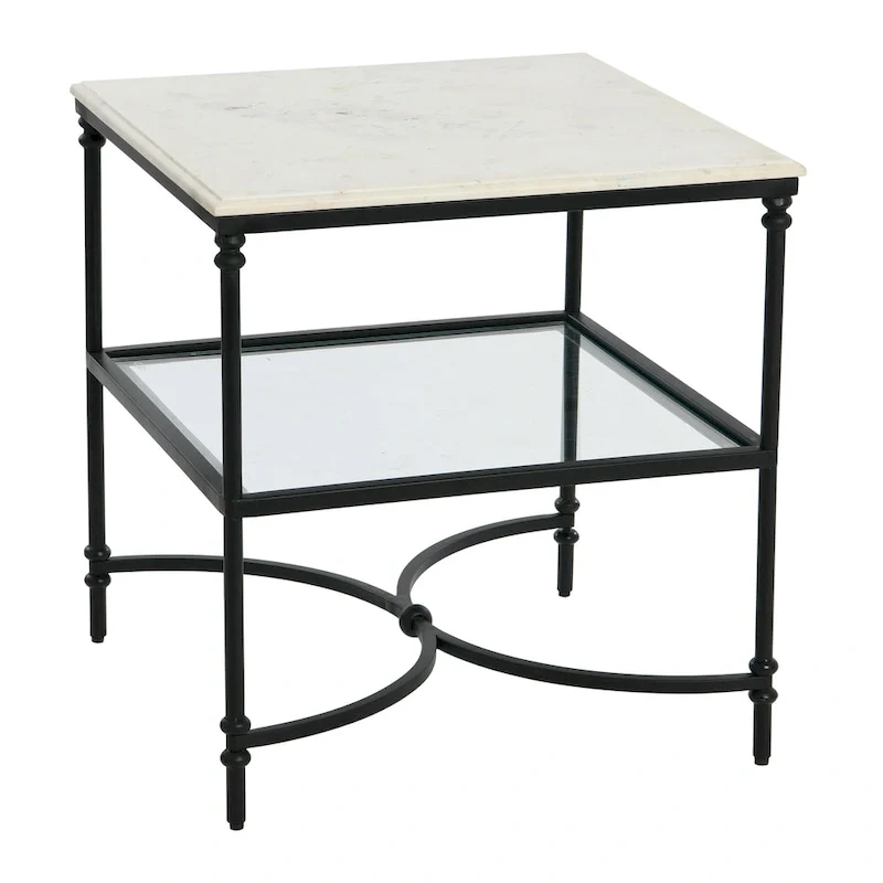 Square Marble Top End Table, Gold/Black & White, Iron Legs, Glass Shelf