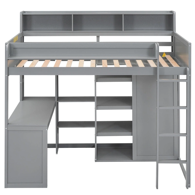 Twin Wood Loft Bed with Shelves, Wardrobe, and Desk