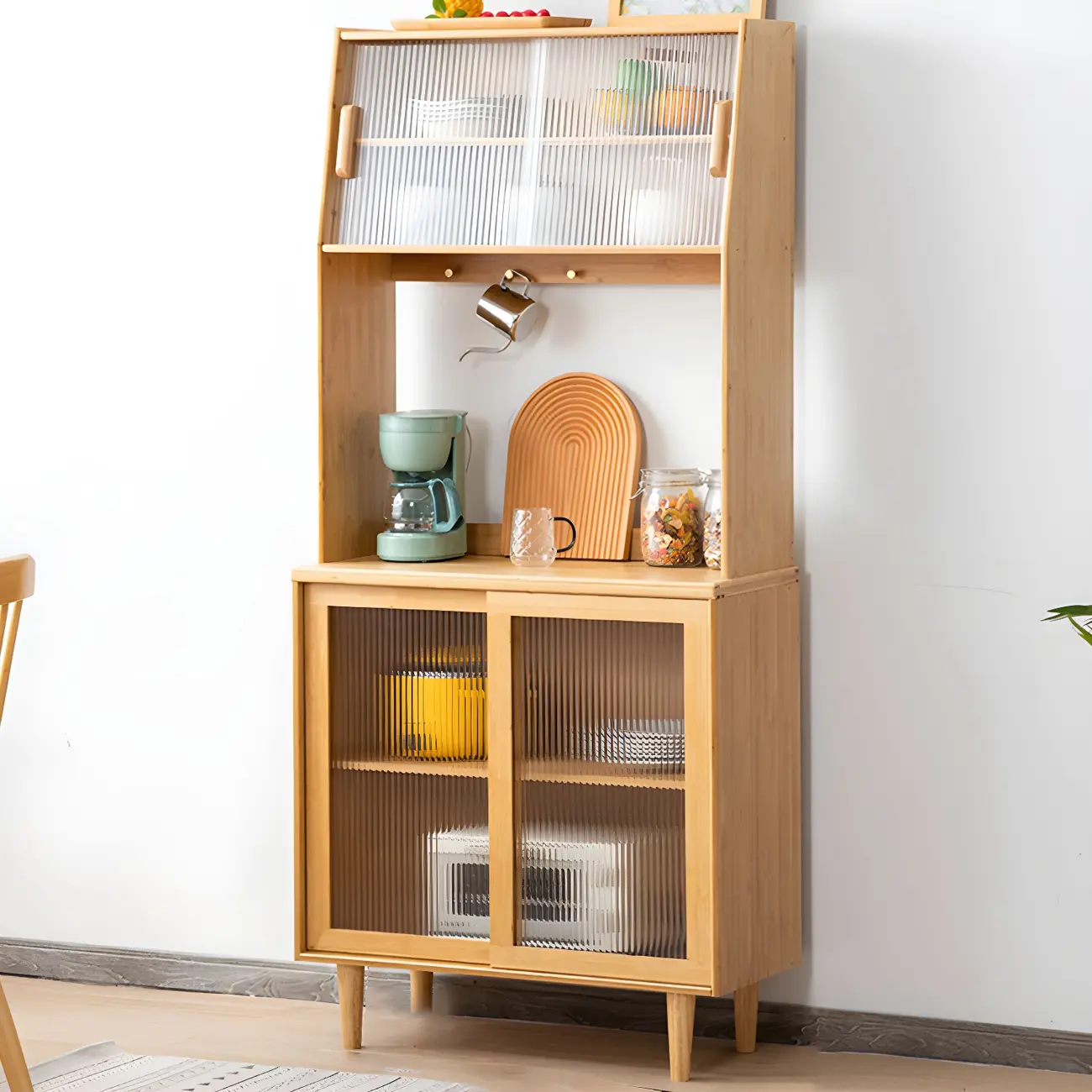 Natural Wood Dining Hutch Cabinet with Open Storage