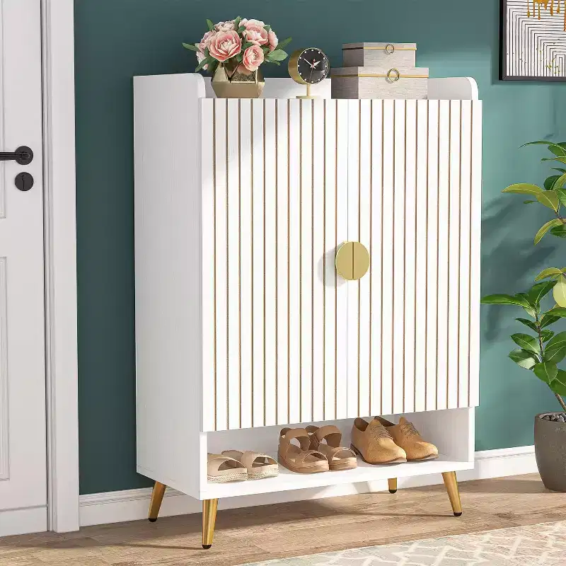 Lantine Shoe Cabinet with Doors, 6-Tier Shoe Storage Cabinet with Adjustable Shelves for Entryway, Hallway, Closet, Living Room, White & Gold
