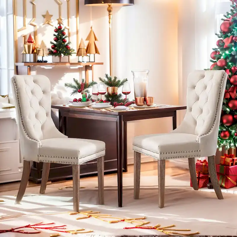 Velvet Dining Chairs Set of 2, Upholstered High-end Tufted Dining Room Chair with Nailhead Back Ring Pull Trim Solid Wood Legs