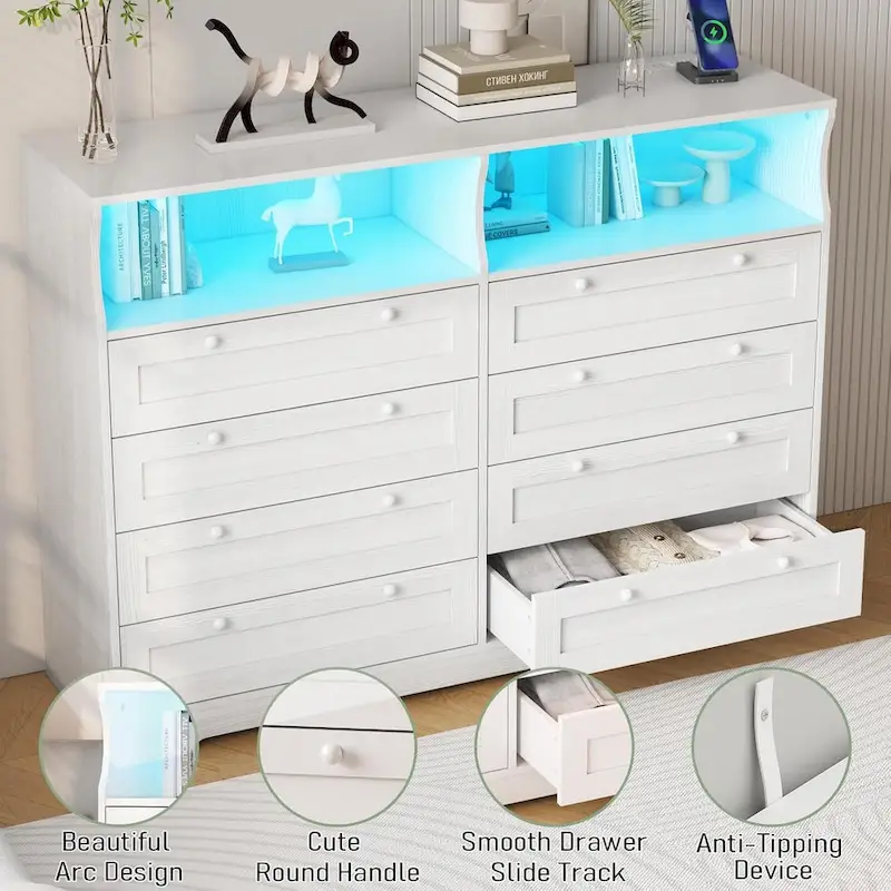 Modern Wood Dresser with 8 Drawers, Bedroom Dresser with Charging Station & LED Lights