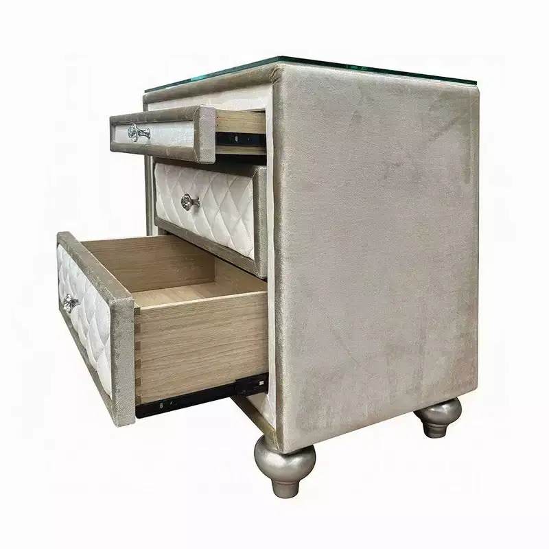 Beige Velvet Upholstered 2-Drawer Nightstand with Glass Top
