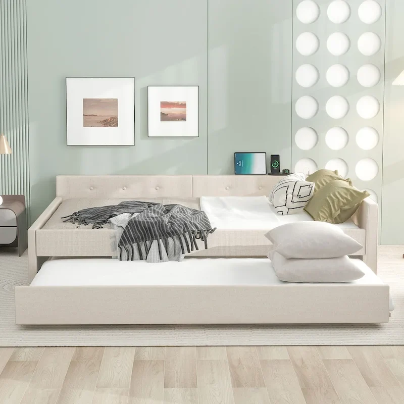 Queen Upholstered Platform Bed with USB and Trundle