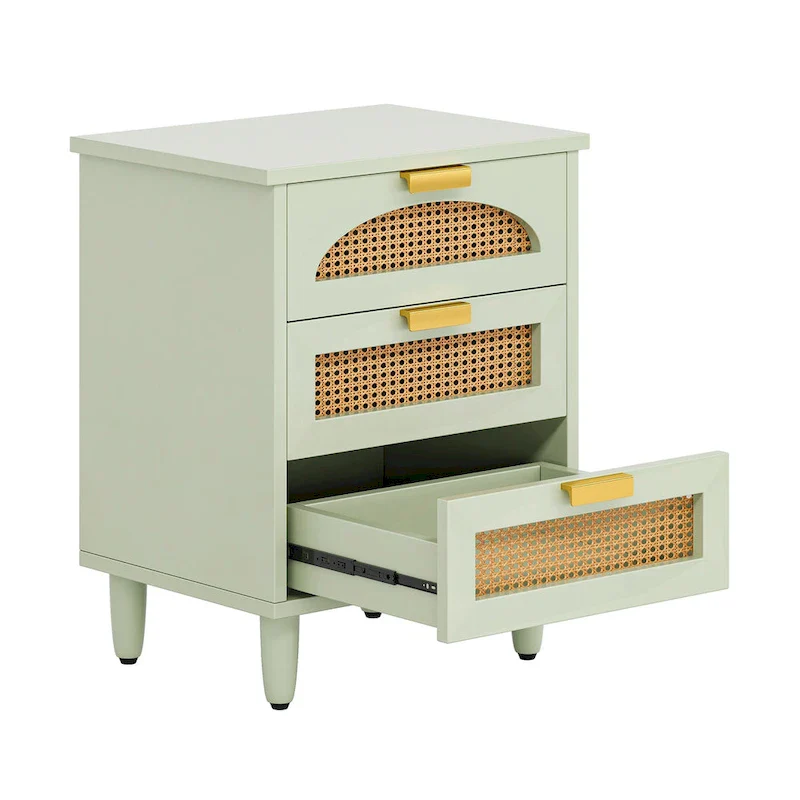 Wood and Rattan 3-Drawer Nightstand with Metal Handles