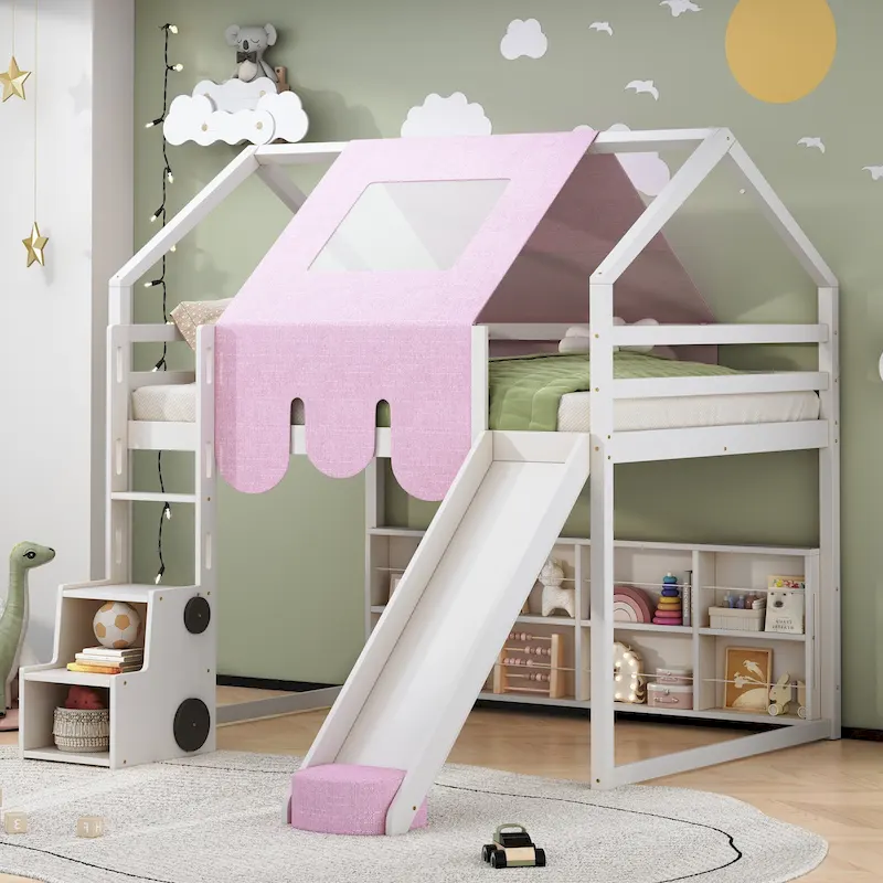 House-shaped Wooden Loft Bed with Tent, Slide, Ladder and Shelves