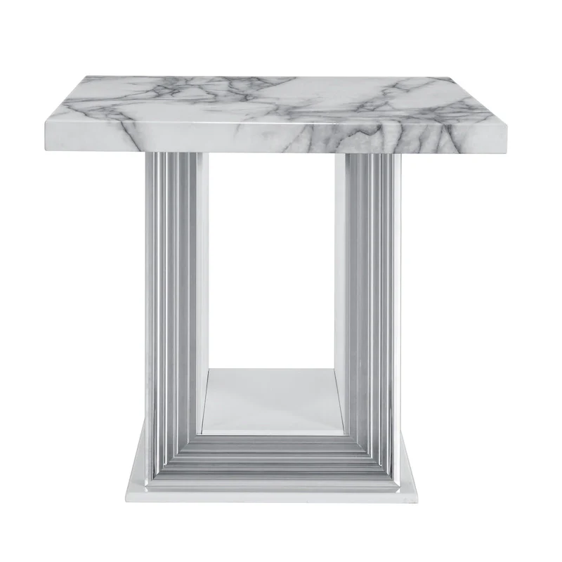 HomeRoots 24 White and Silver Faux Marble and Wood Pedestal End Table - 26' X '24.4' X '26