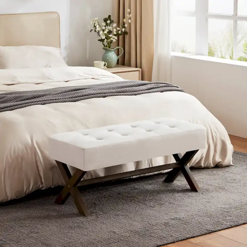 Upholstered Entryway Bench, Polyester, X-Shaped Wood Legs, 35.4