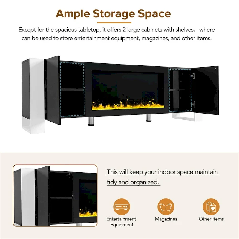 Modern TV Stand with 34.2 Non-heating Electric Fireplace and Cabinets