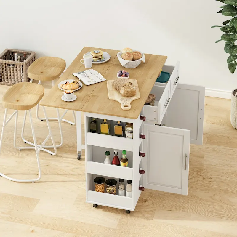 Foldable Kitchen Island Cart with Spice Rack, Towel Holder & Wine Rack