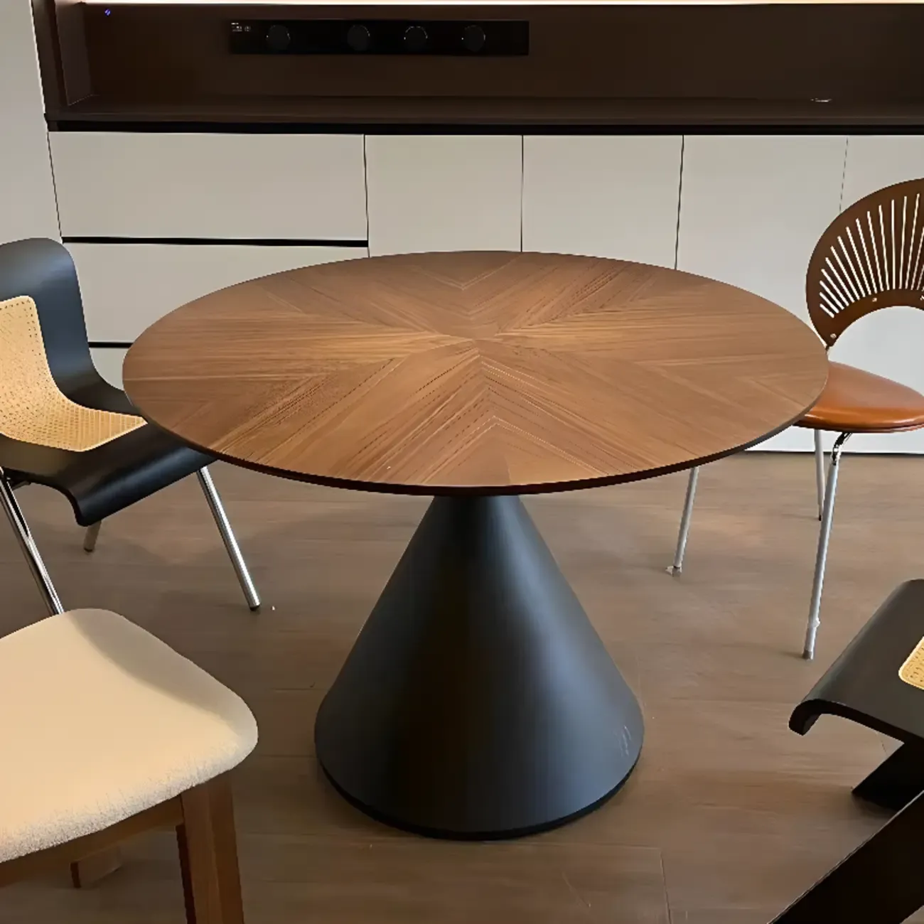 Modern Brown Round Wood Metal Cone Base Dining Table