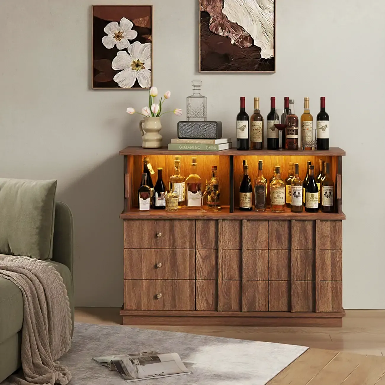 Modern Nut-brown Freestanding Wood Wine Bar Cabinet