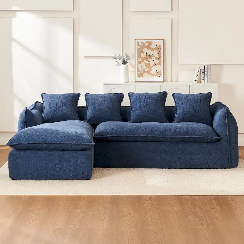 Blue 106.3 Oversized L-Shaped 3-Seater Sectional Sofa with Chaise, 4 Decorative Pillows, and Stylish Modular Build