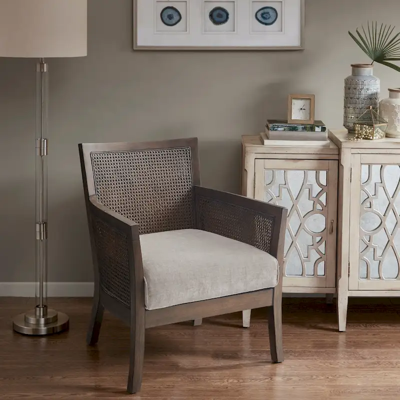 Cane Accent Armchair, Cream/Tan/Black, Wood Frame, Farmhouse, Seats 1