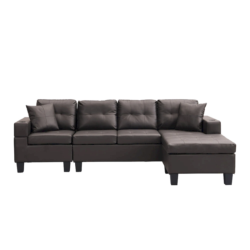Brown 96.06 Modern L-Shaped 4 Seater Sectional Sofa with Chaise Lounge, Cup Holders, and Throw Pillows