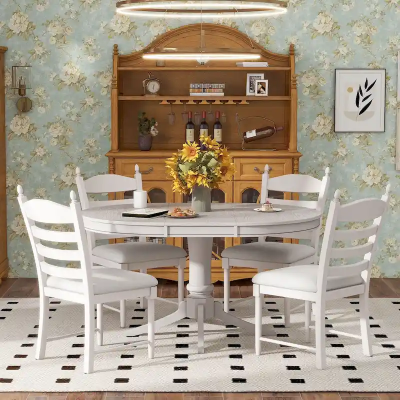 5 Piece Round Dining Table Set, Solid Wood Kitchen Table and Chair Set with Extendable Table and 4 Upholstered Chairs