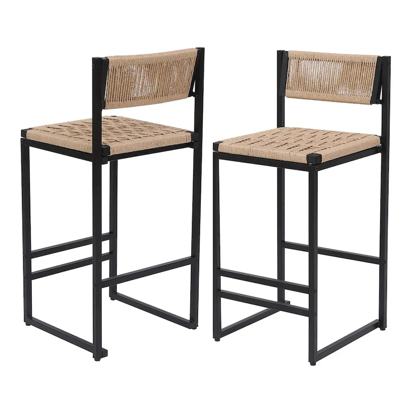 Set of 2 Papetr Rope Woven Dining Chairs, Bar Stools with Footrest