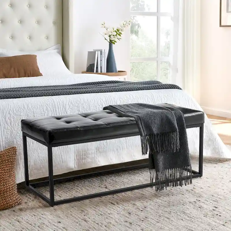 Glitzhome 45W Modern Black Tufted Upholstered Bench with Metal Frame Legs - 45W x 19H x 17.5D