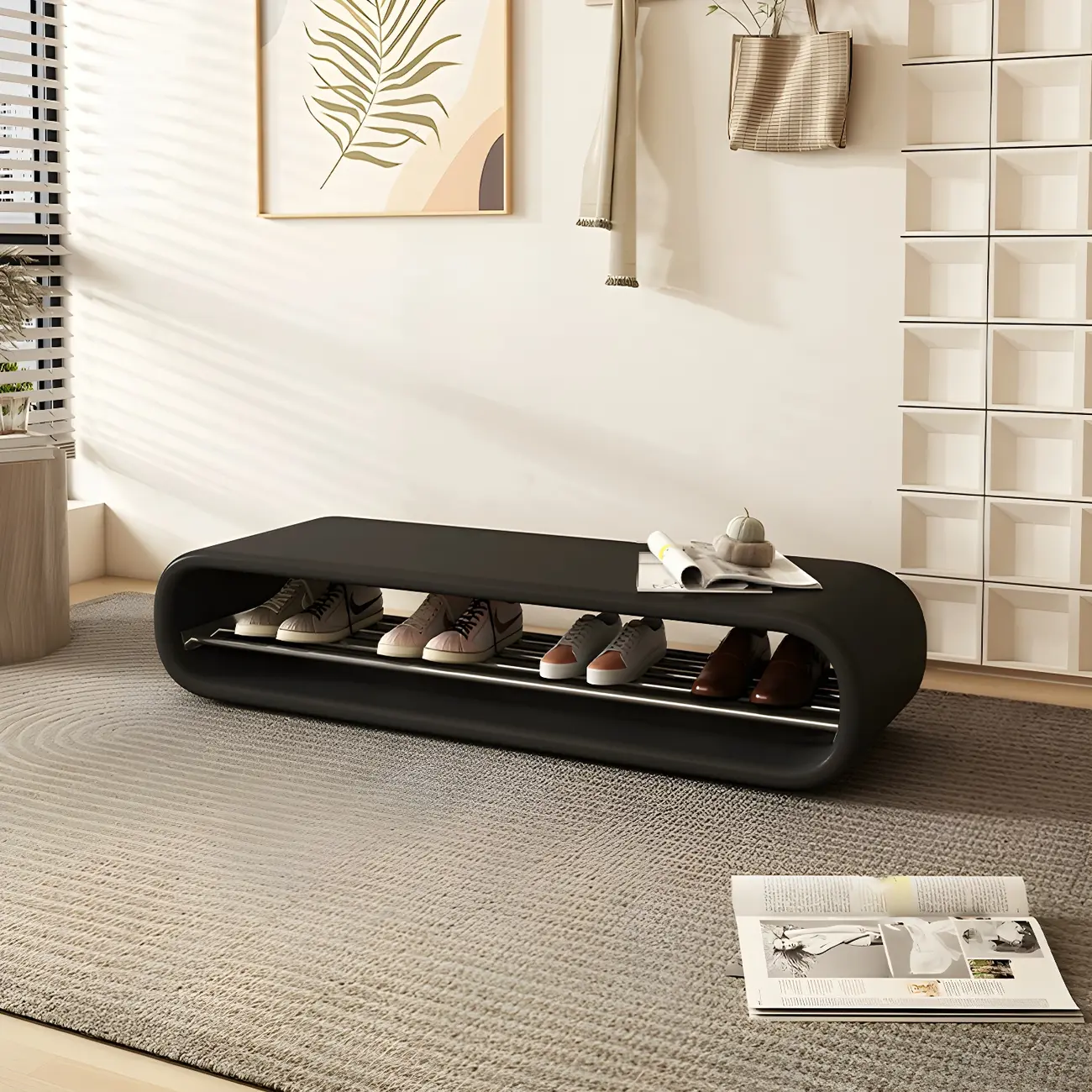 Decorative Short Oval Pine Wood Storage Entryway Bench