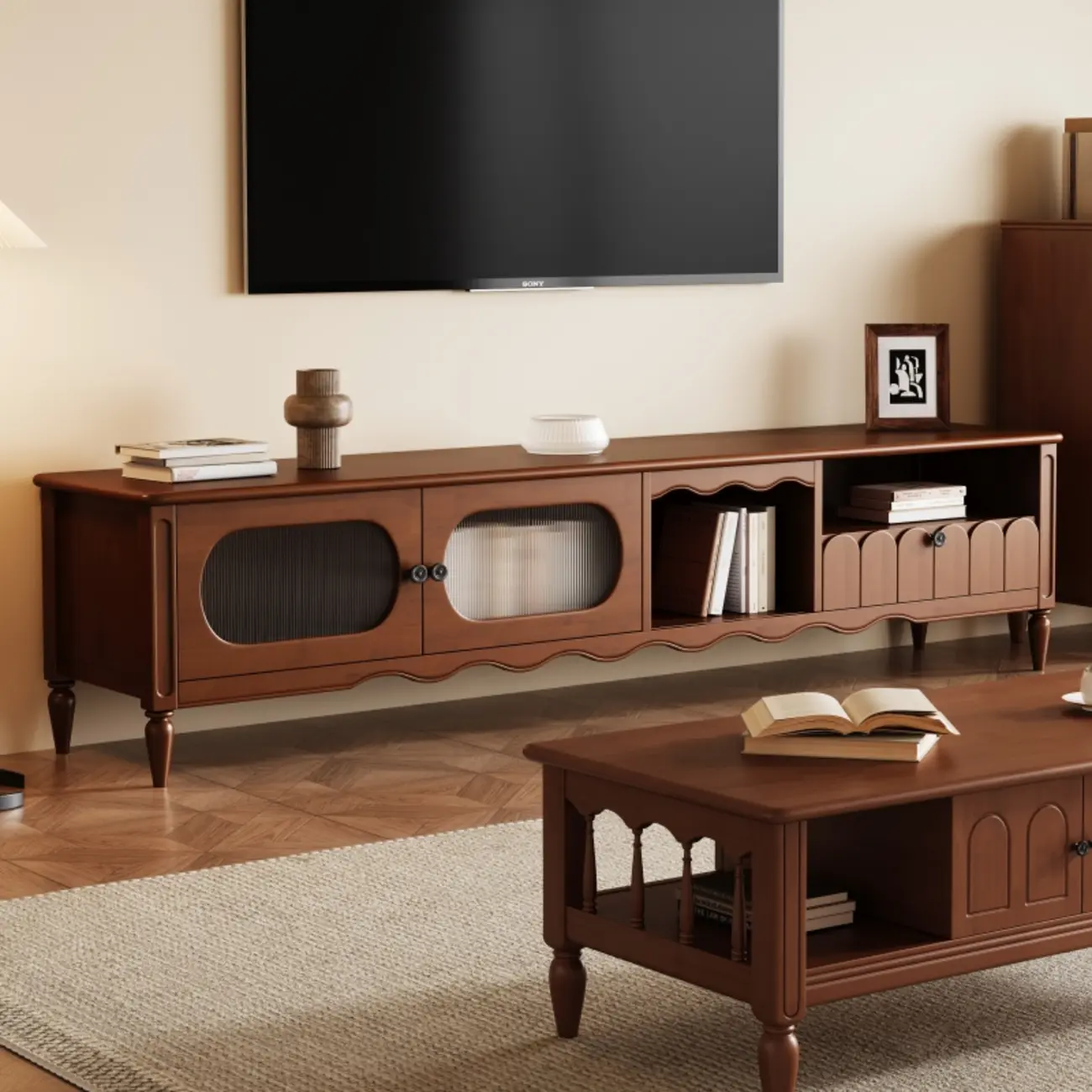 Modern Wooden TV Stand with Shelves and Storage
