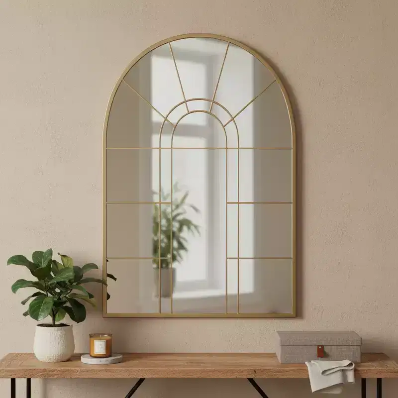 HomeRoots 41 Black Metal Arch Window Pane Framed Accent Mirror