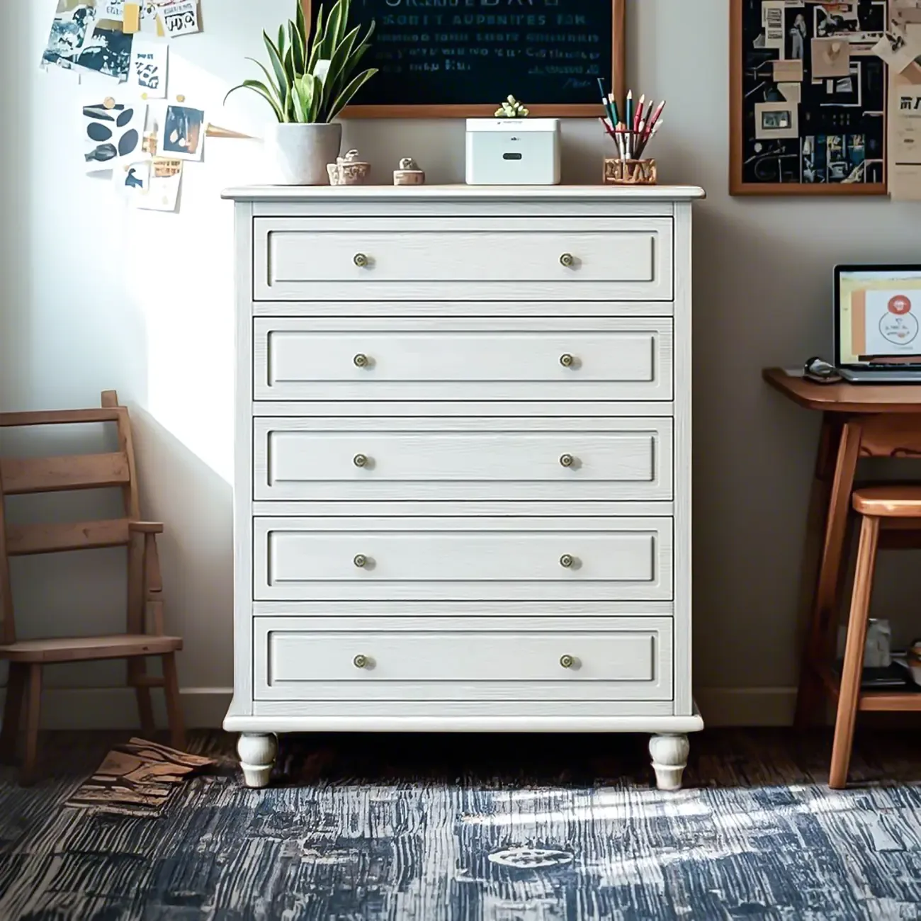 American Country Lacquered Finish Ash Wood 5-Drawer Chest