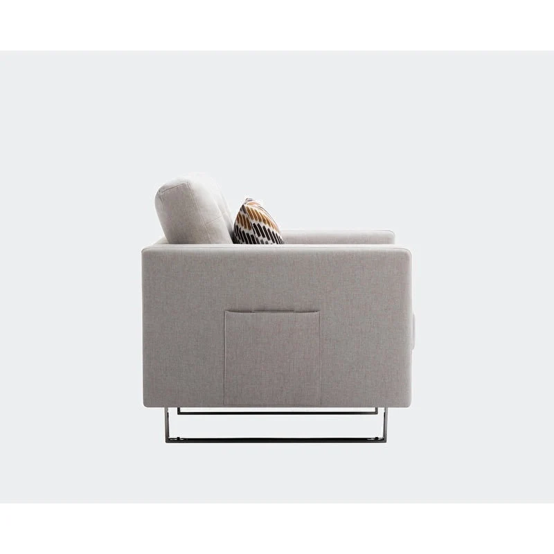 Linen Fabric Armchair with Metal Legs, Side Pockets, and Pillow