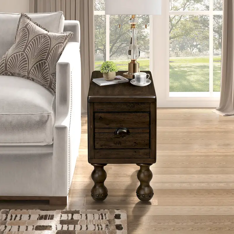 Solid Wood End Table with Drawer, 23.6 inch Narrow Side Table for Small Spaces