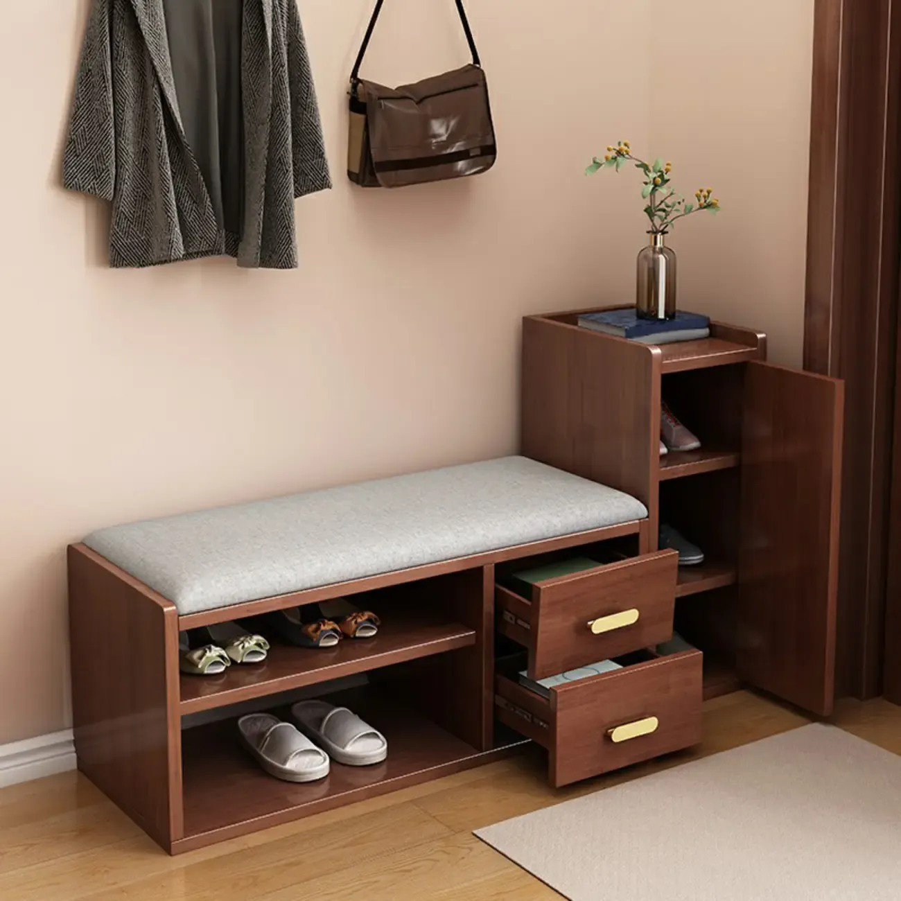 Adjustable 2-Drawer Wooden Entryway Shoe Storage Bench