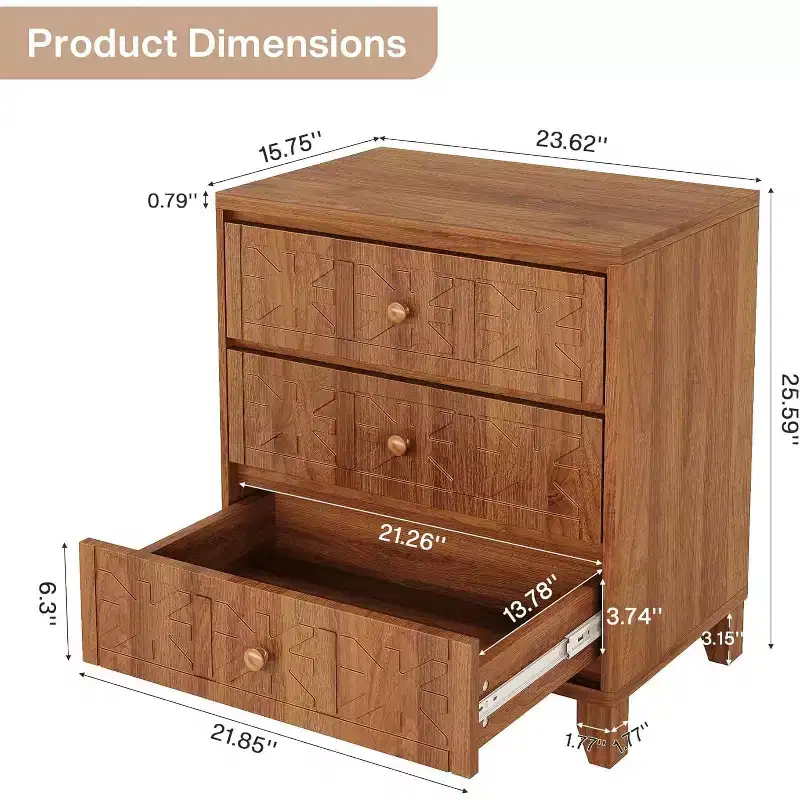 Lantine Nightstand with 3 Drawers, Farmhouse Bedside Table with Elegant Patterns, Industrial Night Stand End Table for Bedroom, Brown